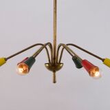Multicolored vintage brass chandelier, 1950, 6 arms, 60cm in diameter