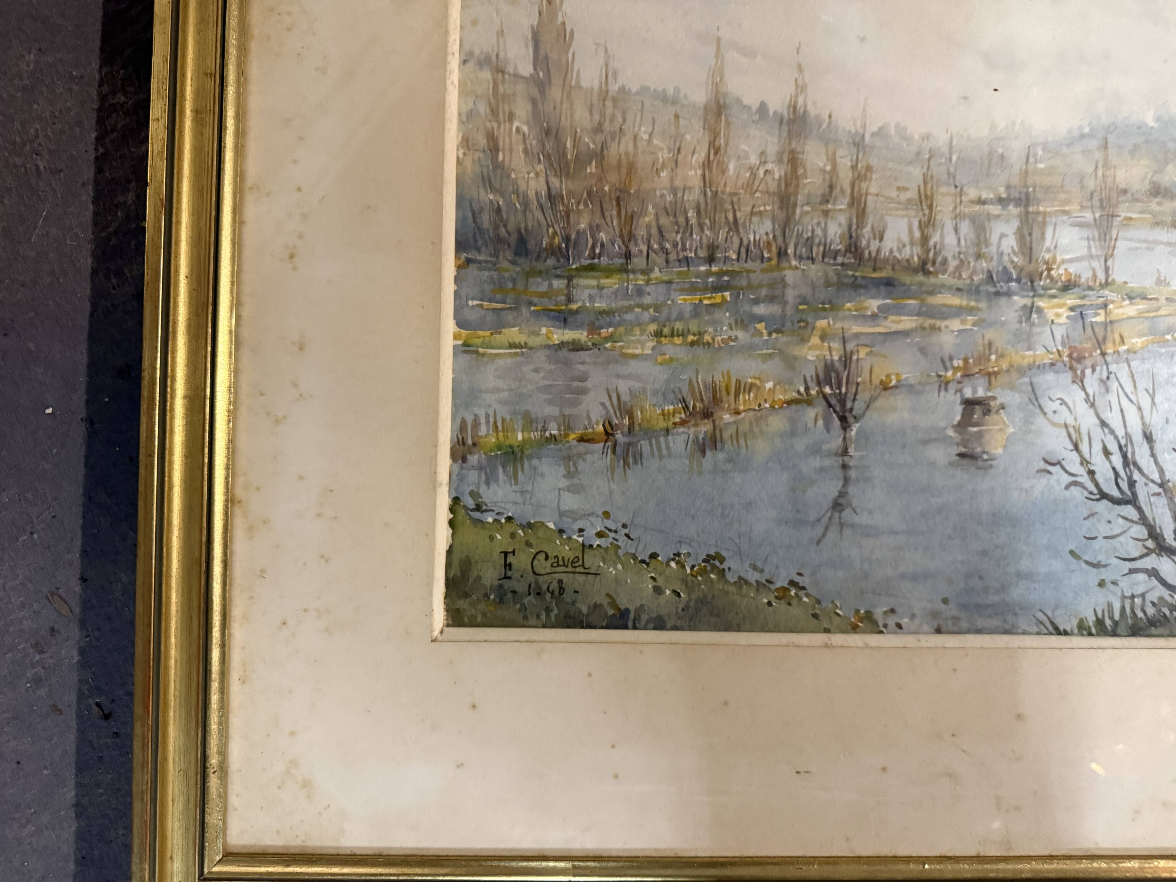 Lithograph Marsh Landscape Signed F Cavel