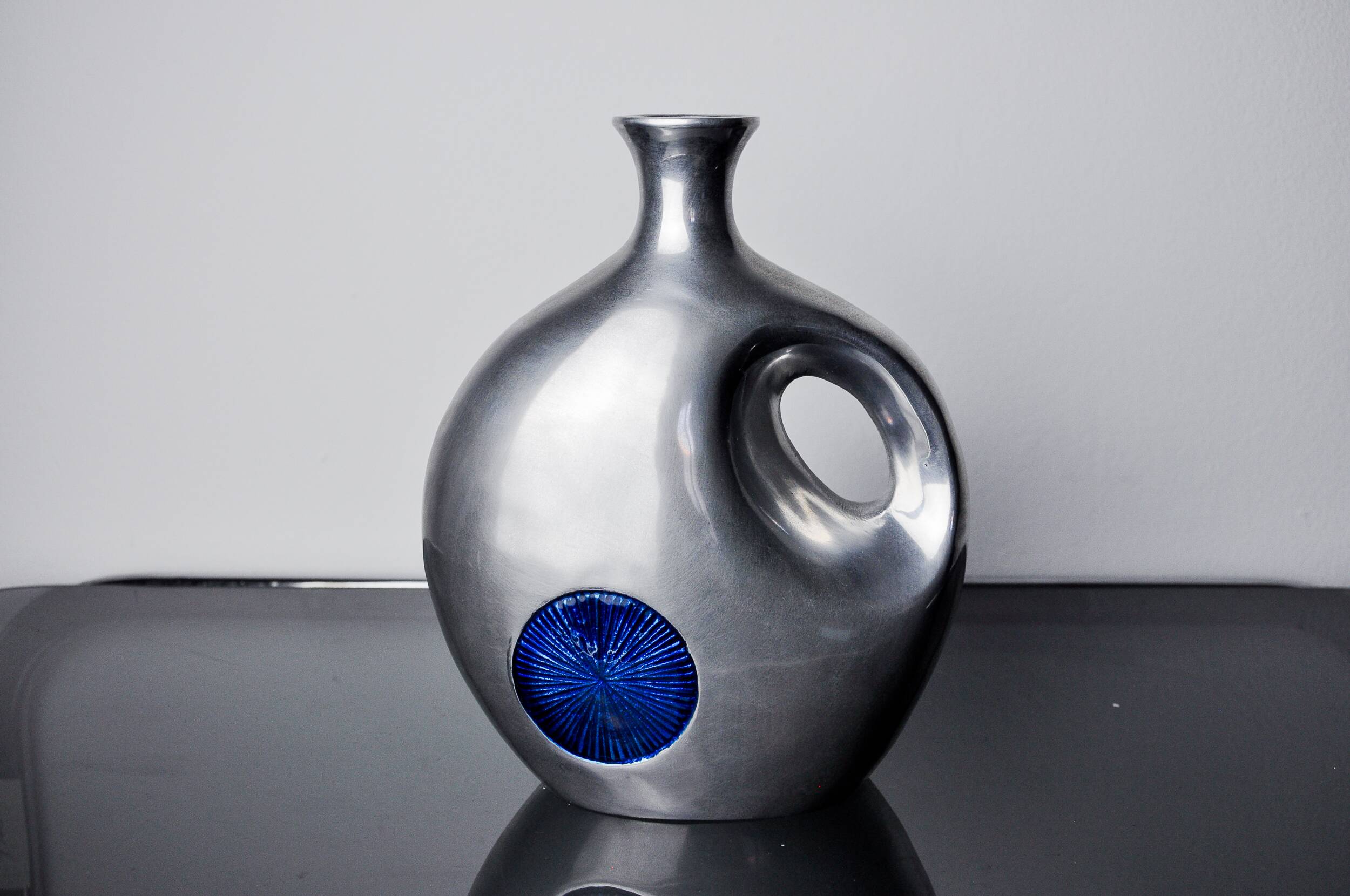 Biomorphic vase by Art3, aluminum and blue glazed ceramic, Spain, 1980