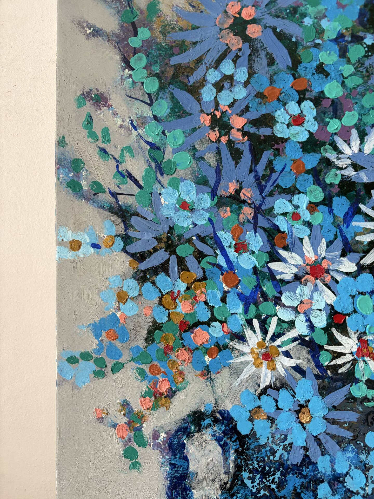 Blue flowers in celebration, oil on canvas signed Jacques Rouquier.