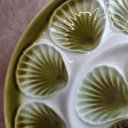 Vintage green earthenware oyster platter – probably Saint-Amand – 35.5 cm