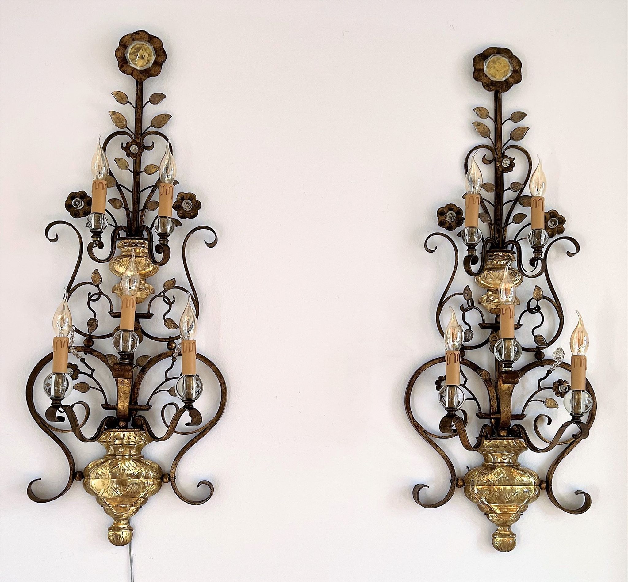 Appliques murales italiennes en cristal et fer forgé doré par Banci Florence, années 1960