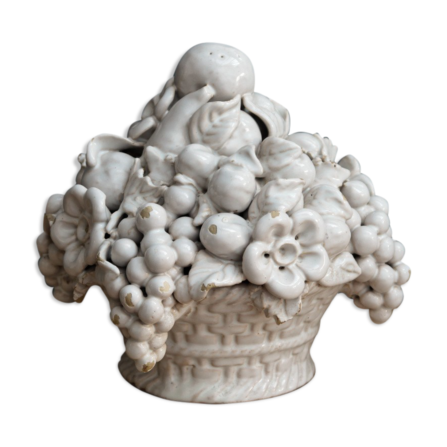Ornamental basket decorated with trompe l'oeil fruits