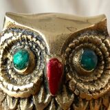 Owl vintage brass green eyes