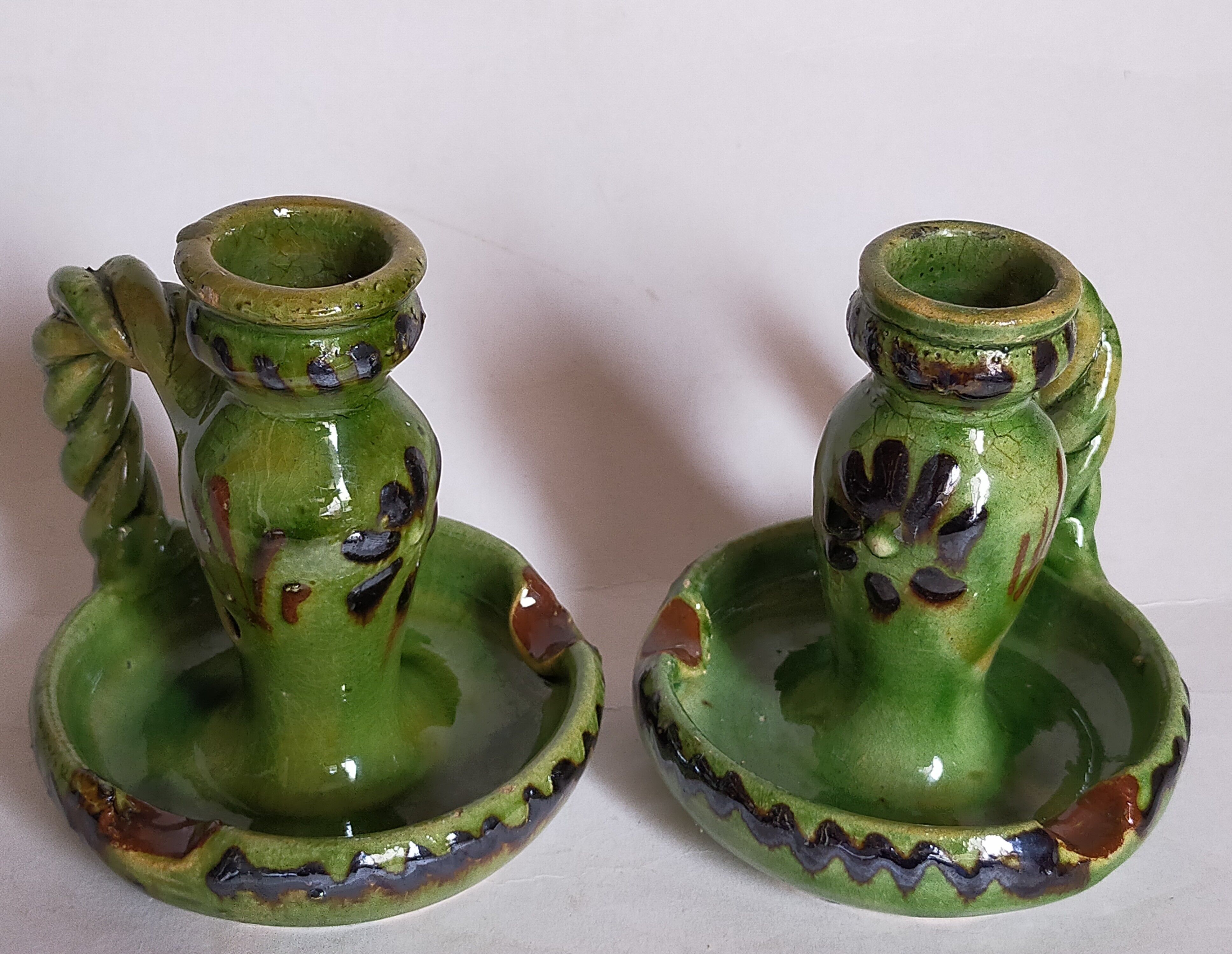 Duo of vintage potter's ceramic candle holders Regional Folk Art