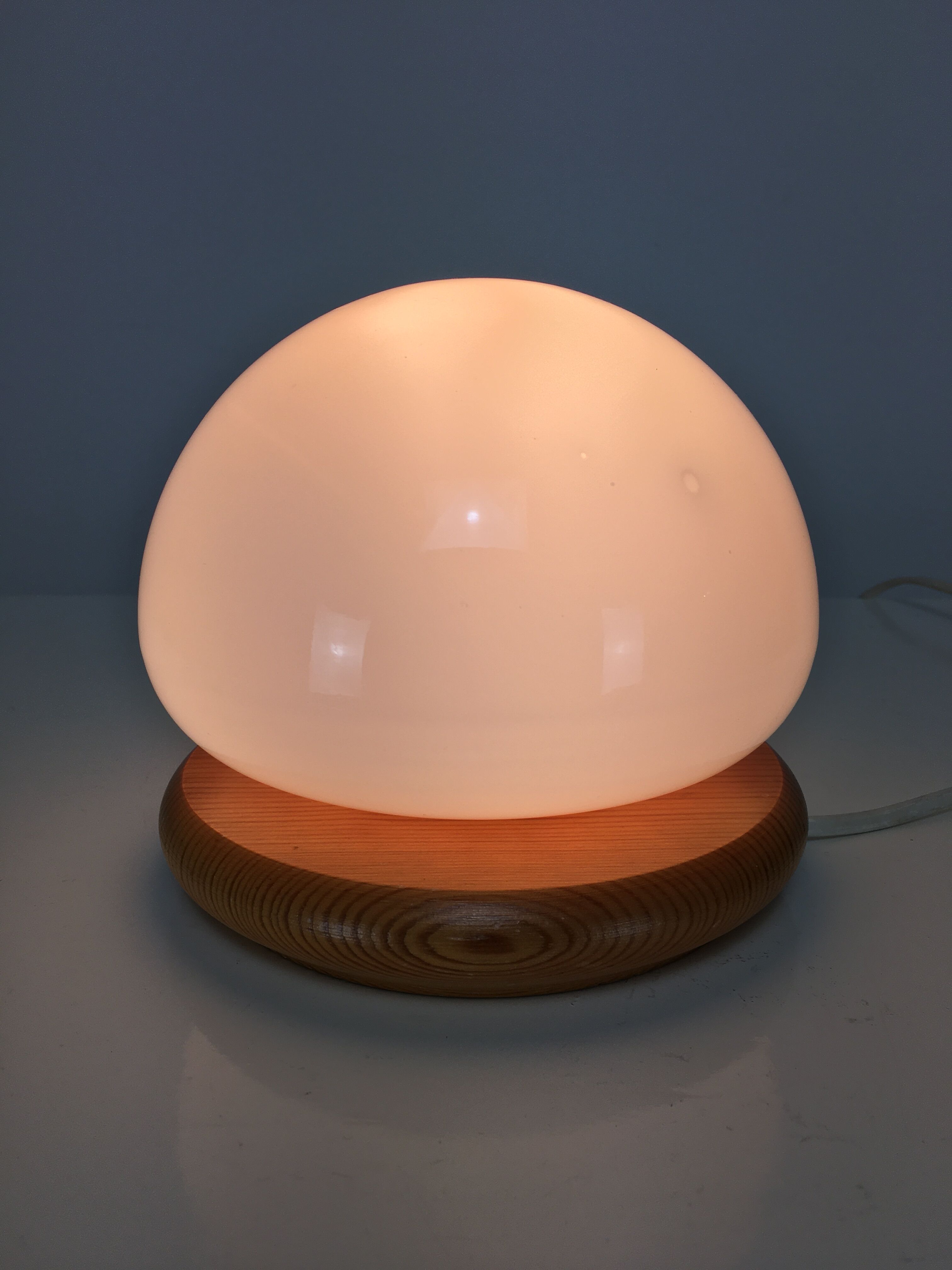Mushroom lamp, white opaline on pine base