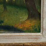 Oil on canvas by C. Jeunault 1938 kiosk and swans in a park