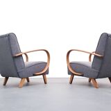 Jindrich Halabala armchair in curved wood, gray bouclette, 1930