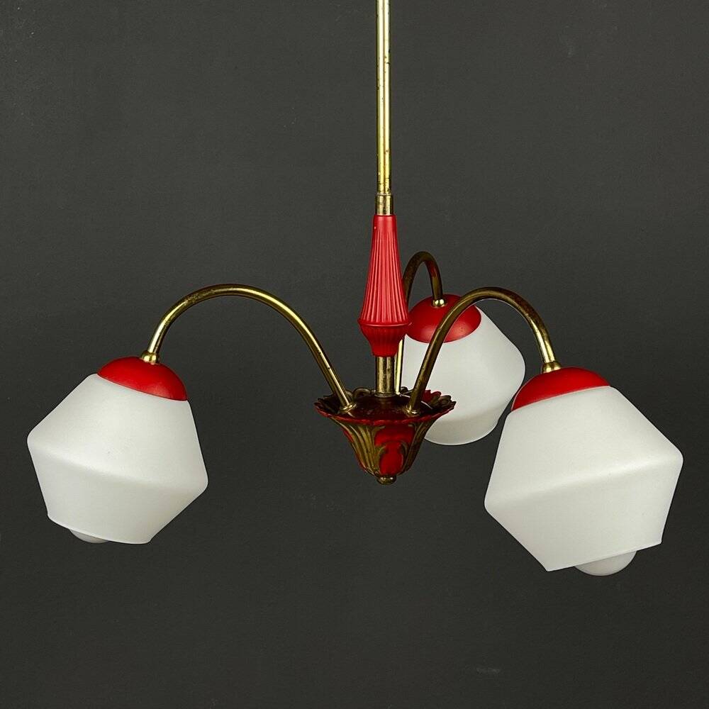 Italian vintage chandelier in brass and milky glass with 3 arms, 1950s.