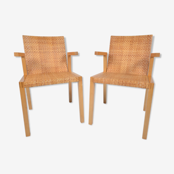 2 beech and rattan armchairs