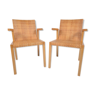 2 beech and rattan armchairs