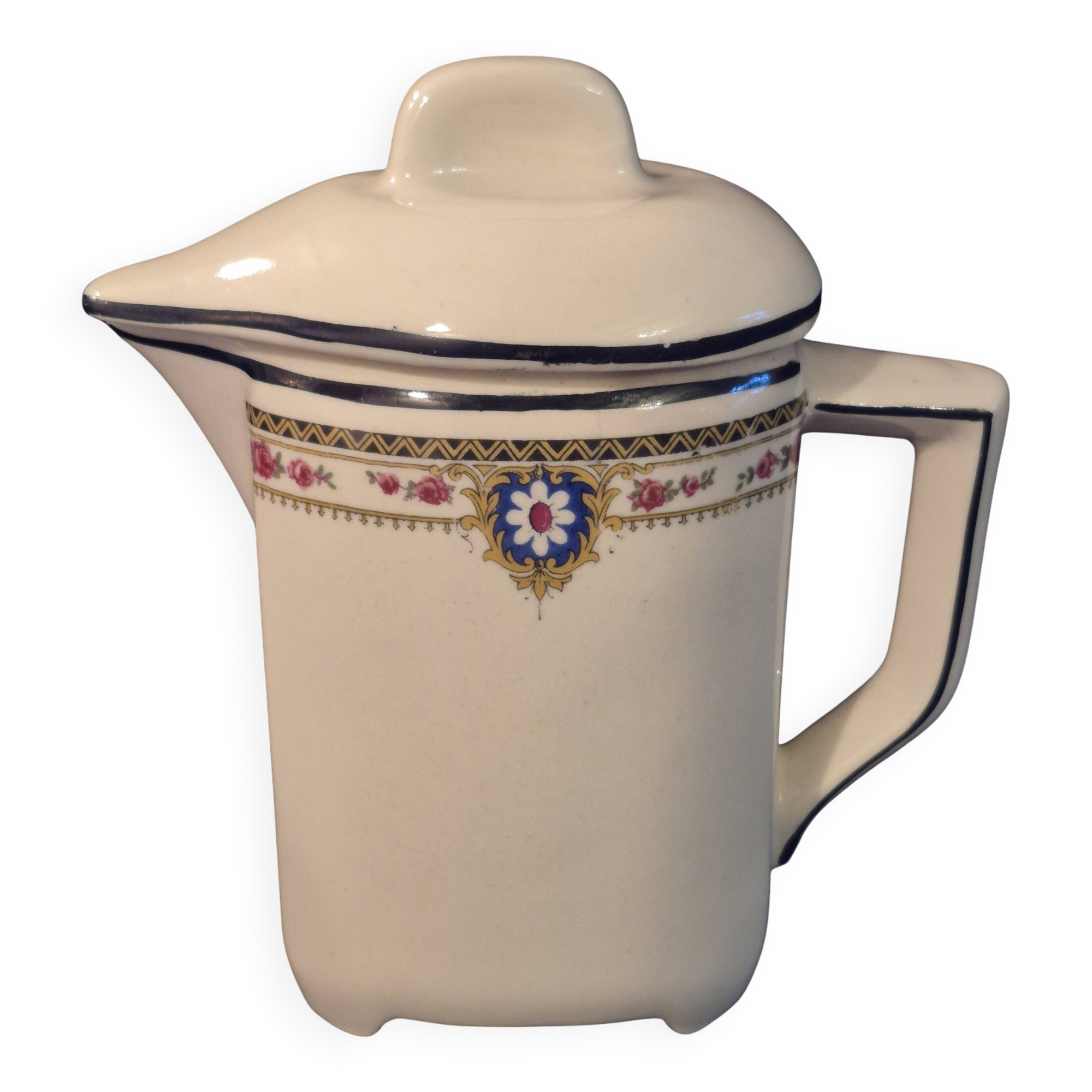 Vintage vase, geometric frieze and flowers with a black border.