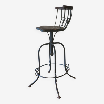 Vintage Spanish swivel garden bar chair in wrought iron and teak