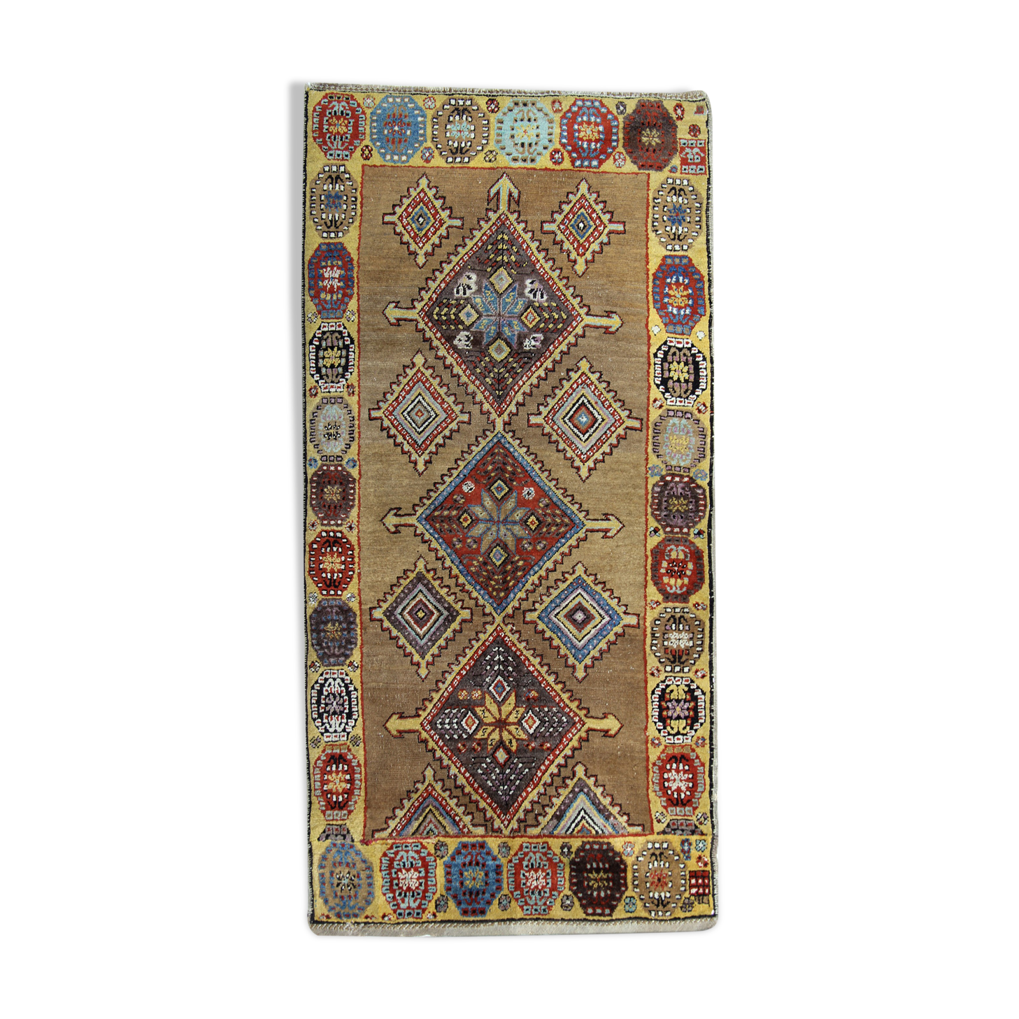 Tapis de laine beige fait à la main traditionnel géométrique tribal persan zone tapis- 102x210cm