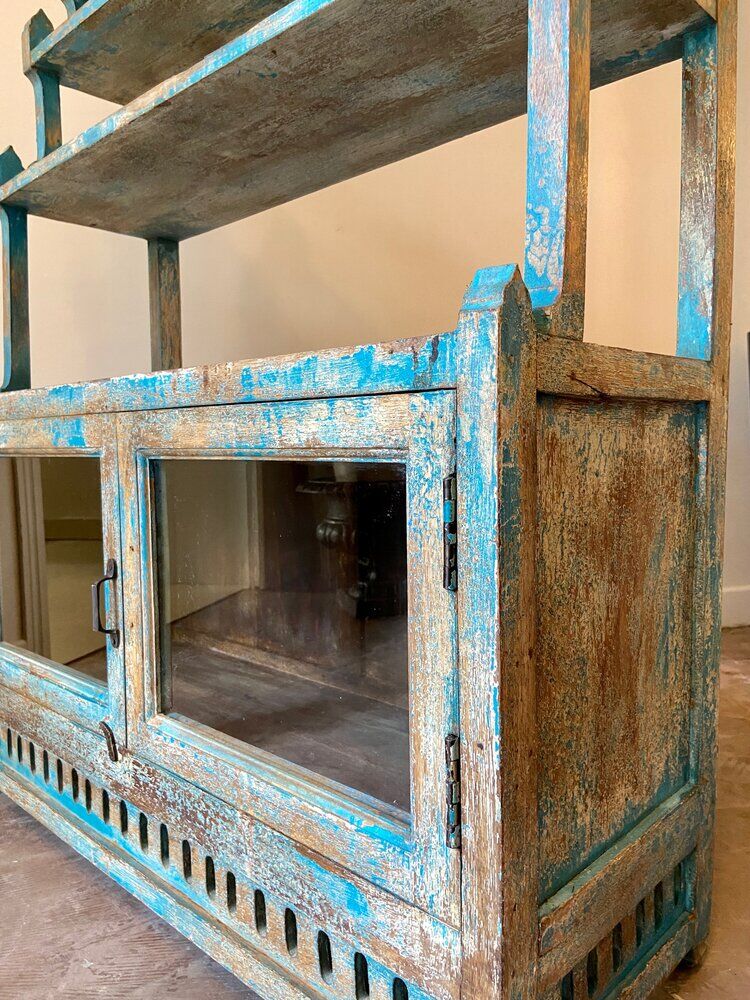 Sideboard 4 shelves and 2 glass doors in blue wood