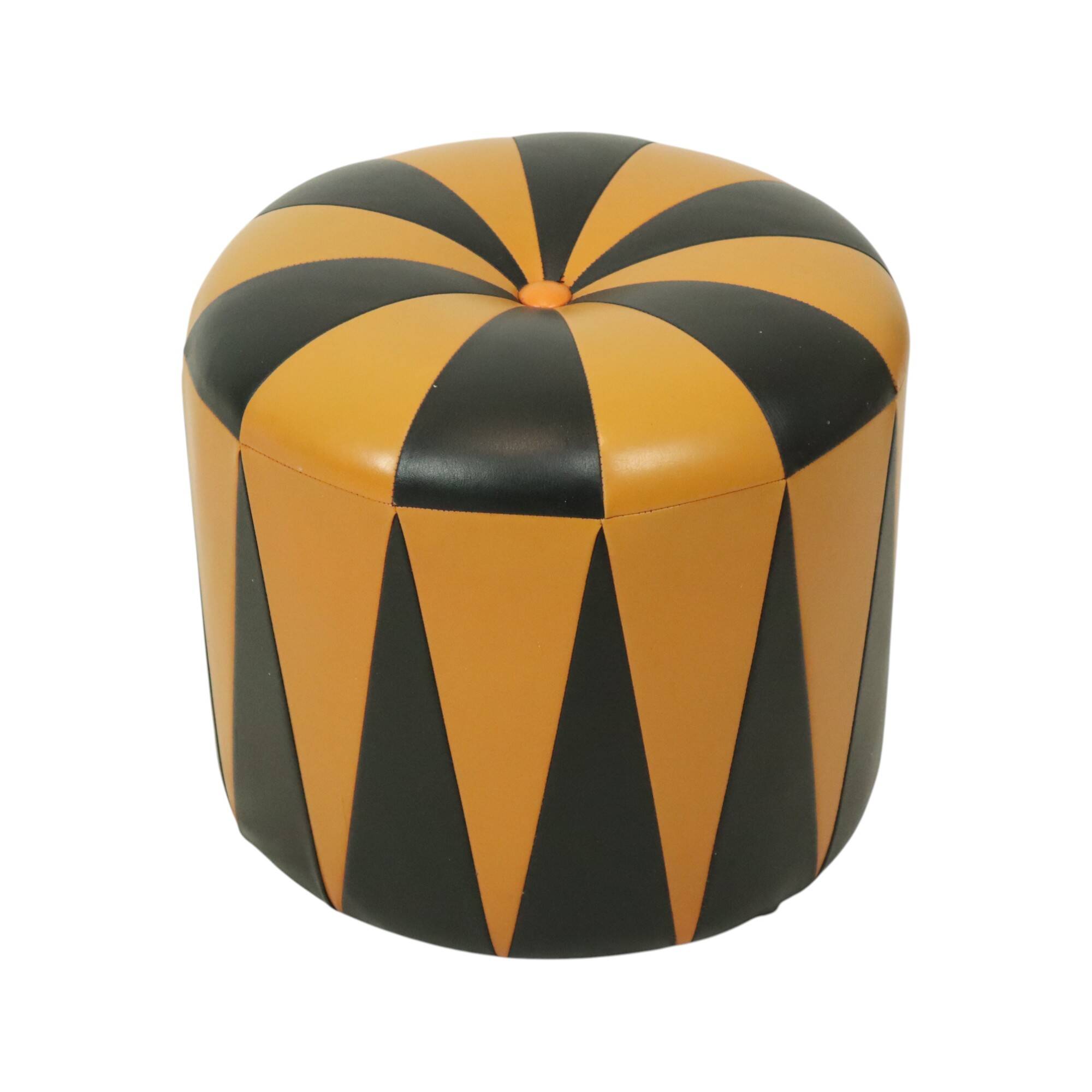 Round Vintage Pouf Orange Black Leatherette 1960s