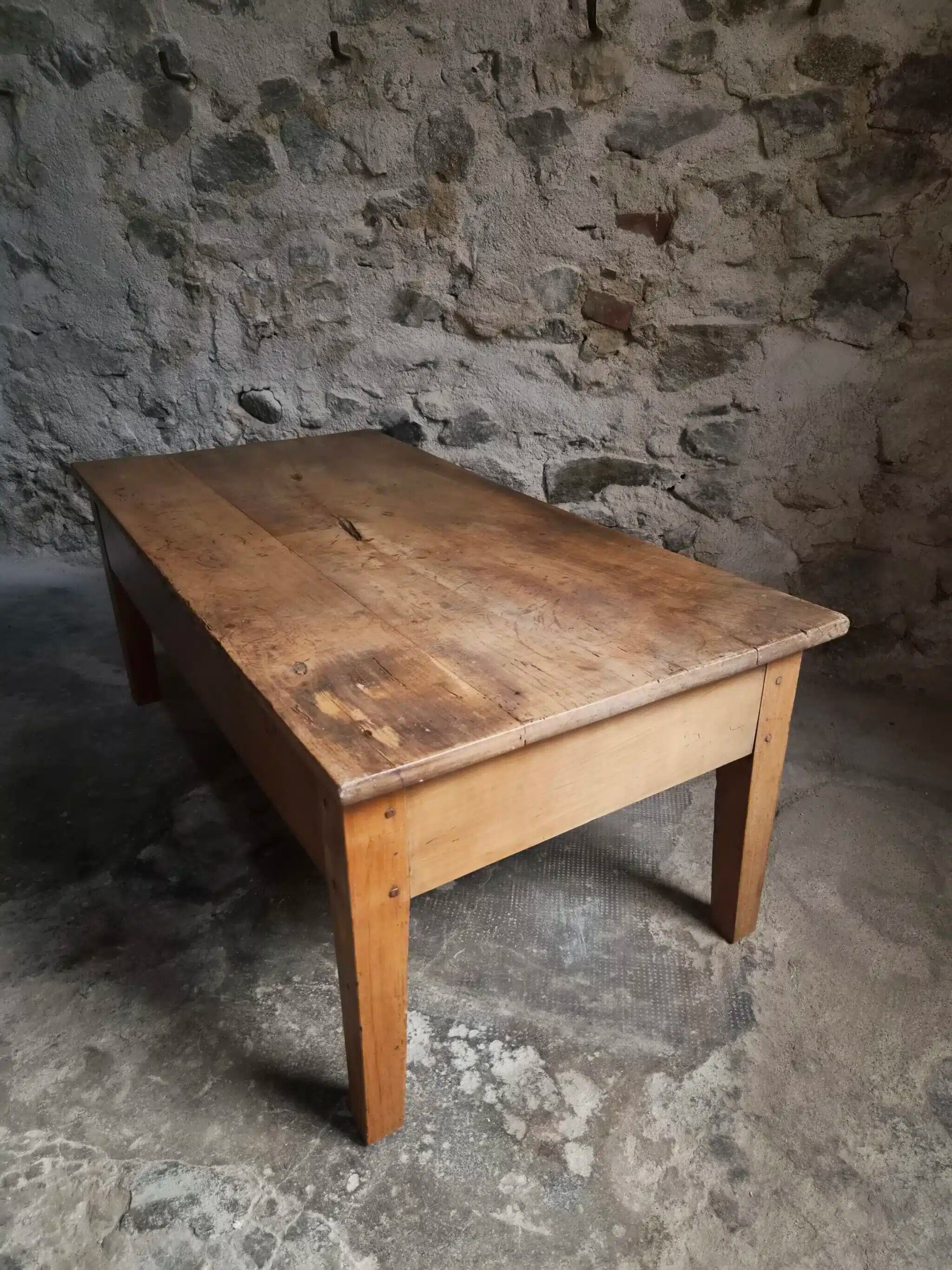 Antique French coffee table, 18th-century cherry farmhouse table with a drawer.