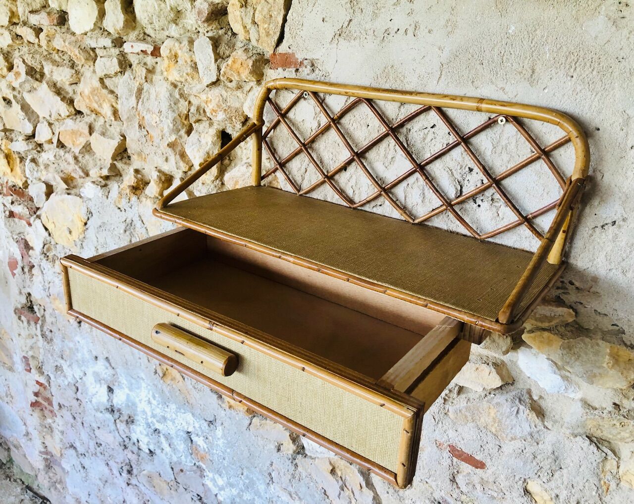 Vintage rattan wall shelf with storage, Circa 60