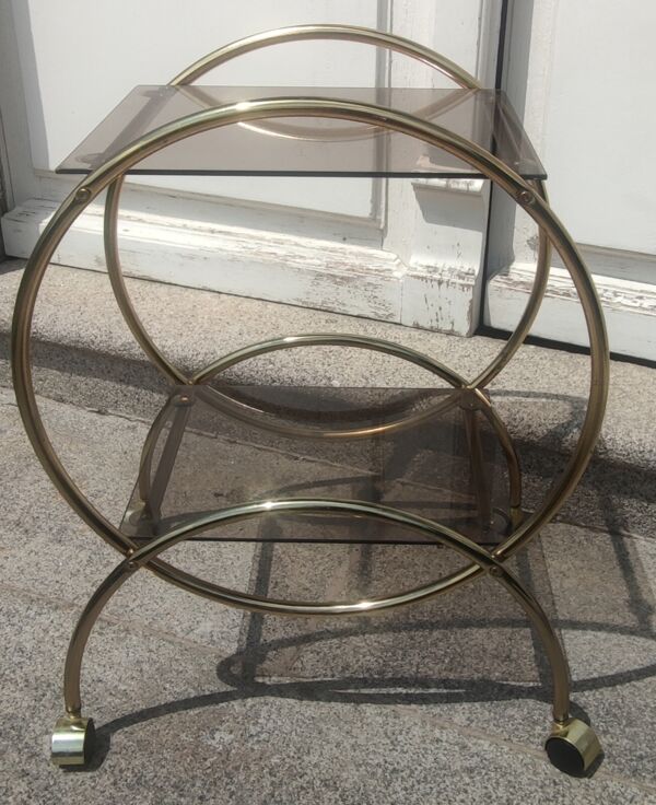 Console desserte à roulettes design/métal doré et verre fumé