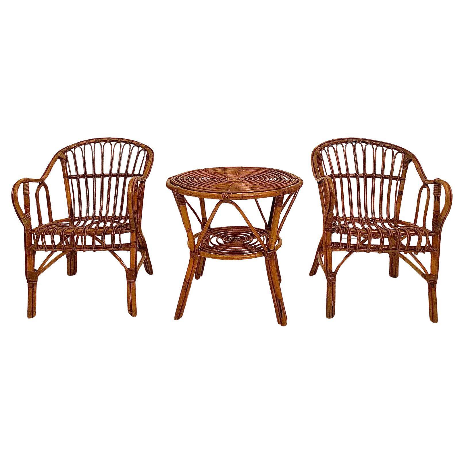 Mid Century Modern Bamboo Chairs and Table Set, Italy 1960s