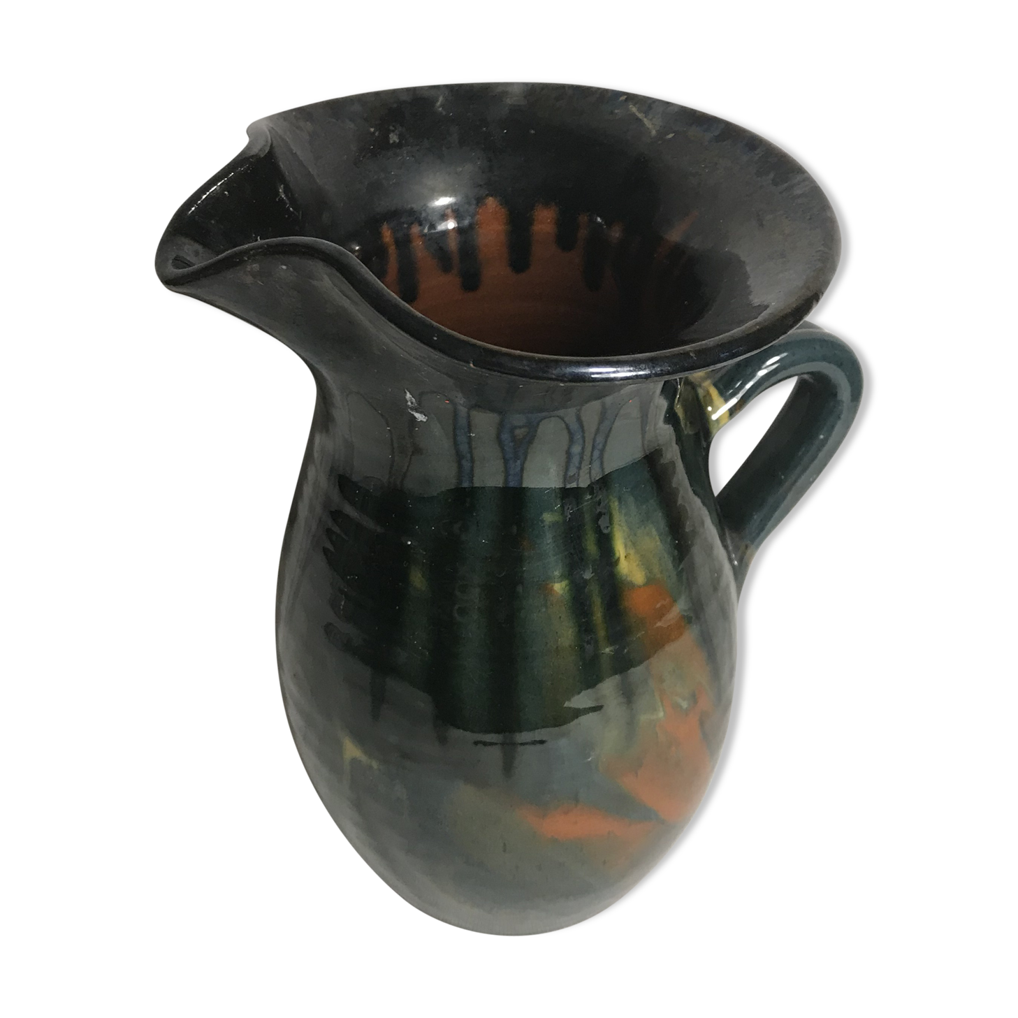 Ceramic jug enamelled yellow-green & orange 70's