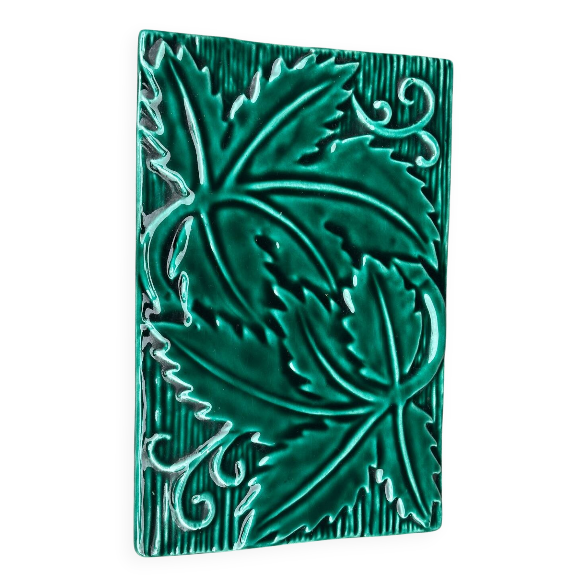 Green Ceramic Trivet with Leaf Decoration - Art Deco Period 1