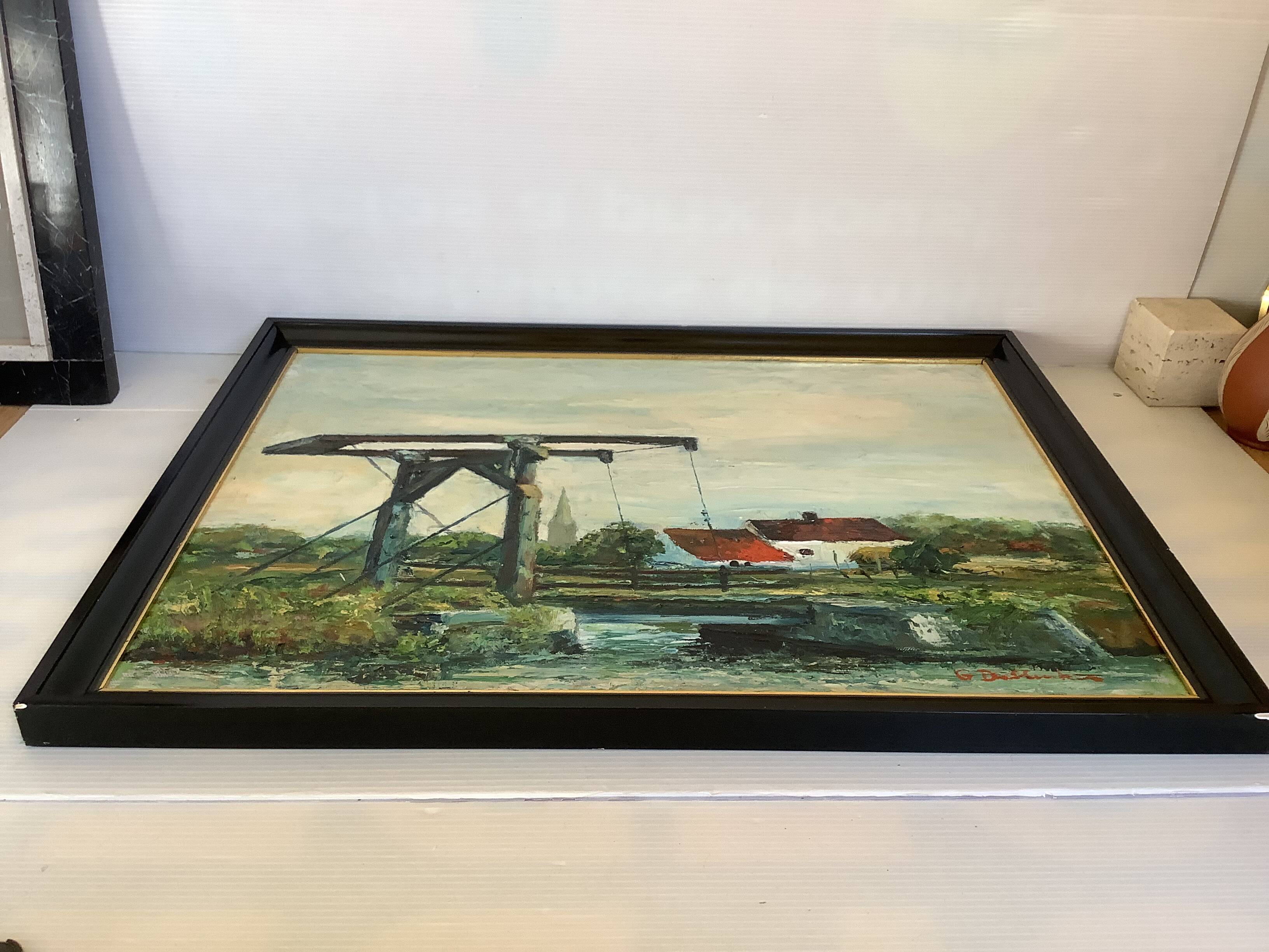 Canal landscape painting oil on panel signed