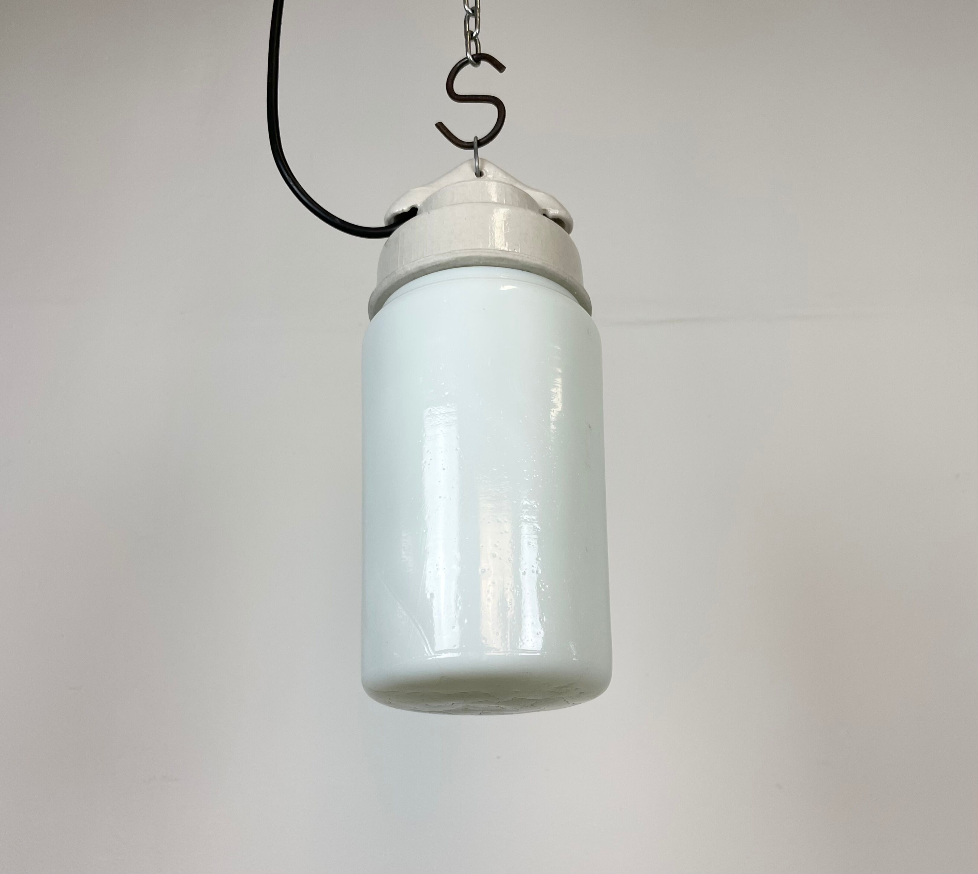 Industrial White Porcelain Pendant Light with Milk Glass, 1970s