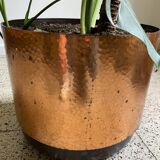 Hammered copper, metal and plastic planter on wheels from the 70s