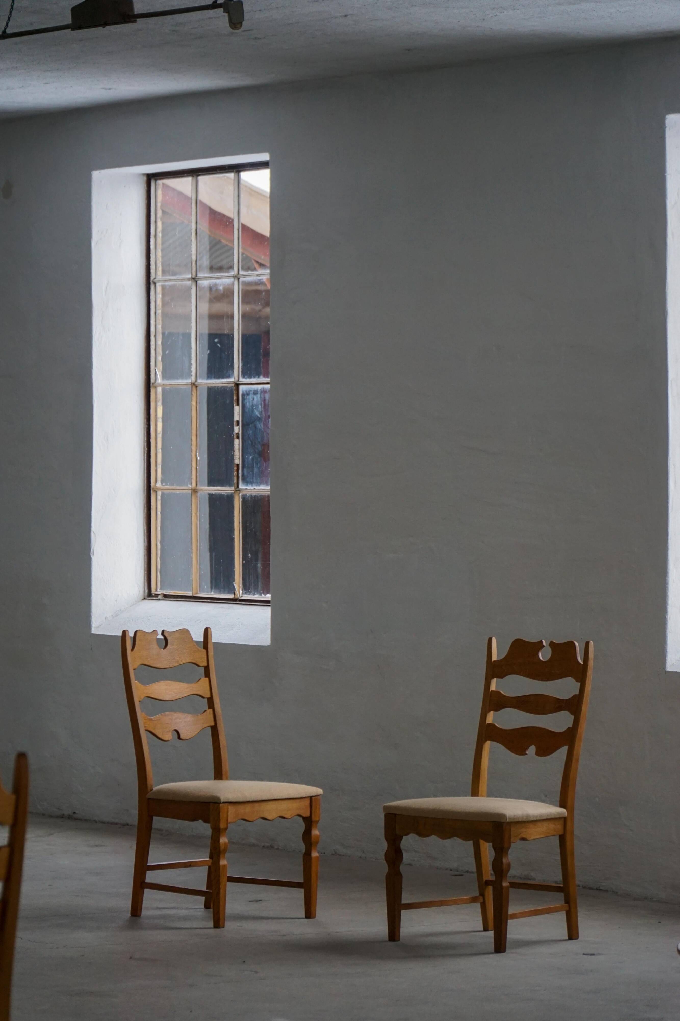 Set of 8 oak chairs with jute fabric, Henning Kjærnulf, mid-century Danish, 1960s.