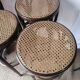 Set of 4 high bistro stools in curved wood and canework.