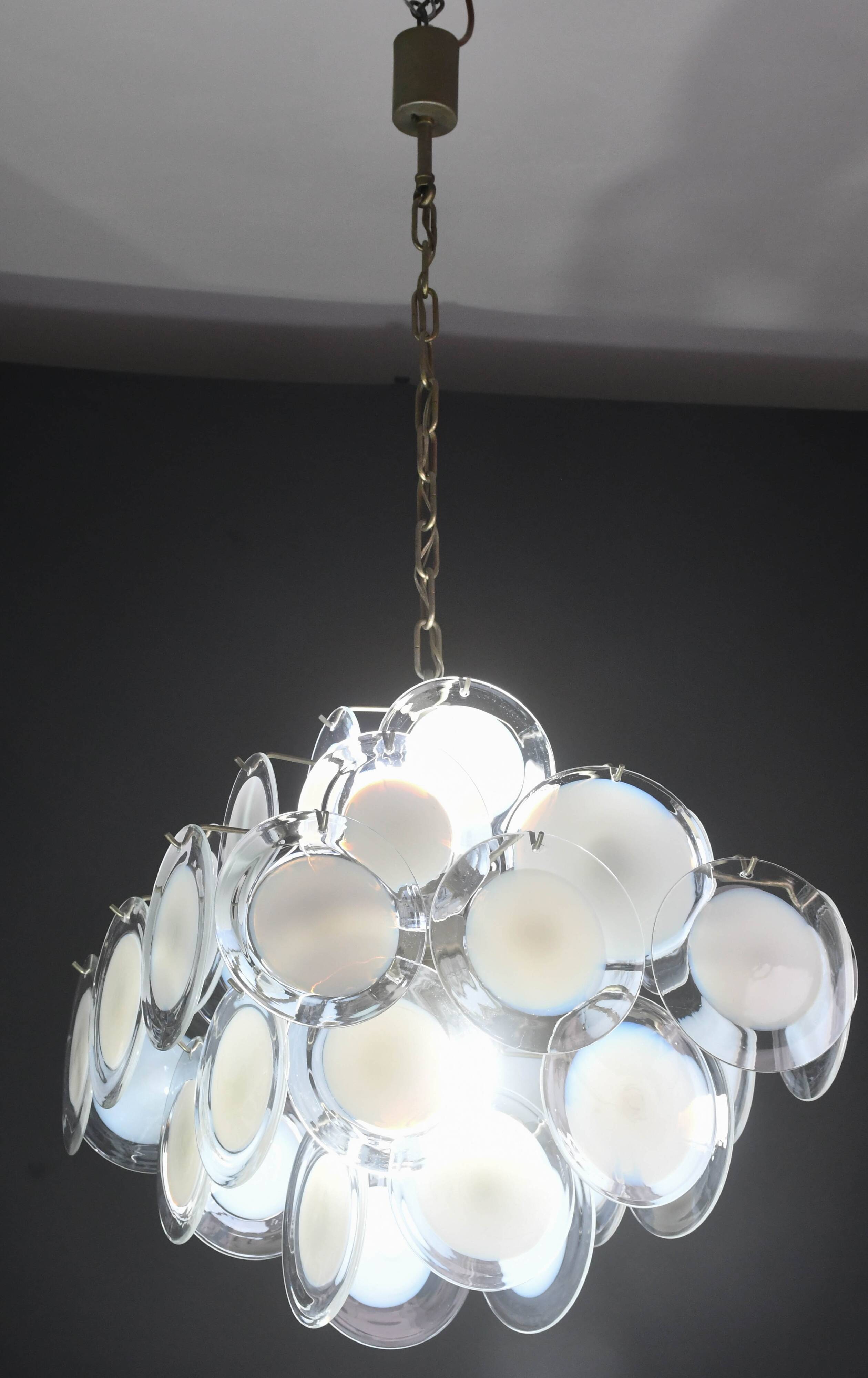 Large 36 Murano Glass White Disc Chandelier by Vistosi, 1970s
