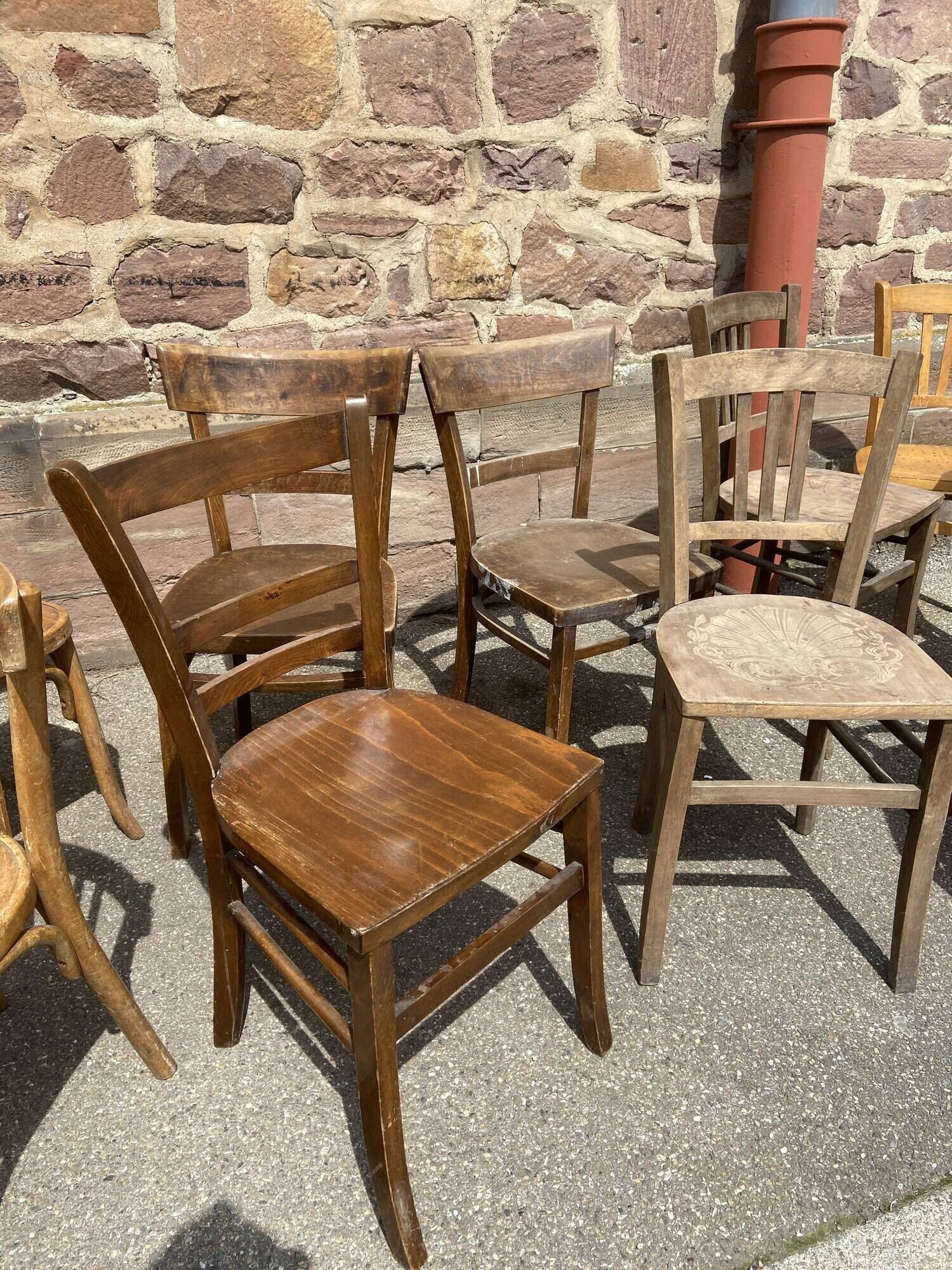 Lot of 15 bistro chairs vintage wood café mismatched