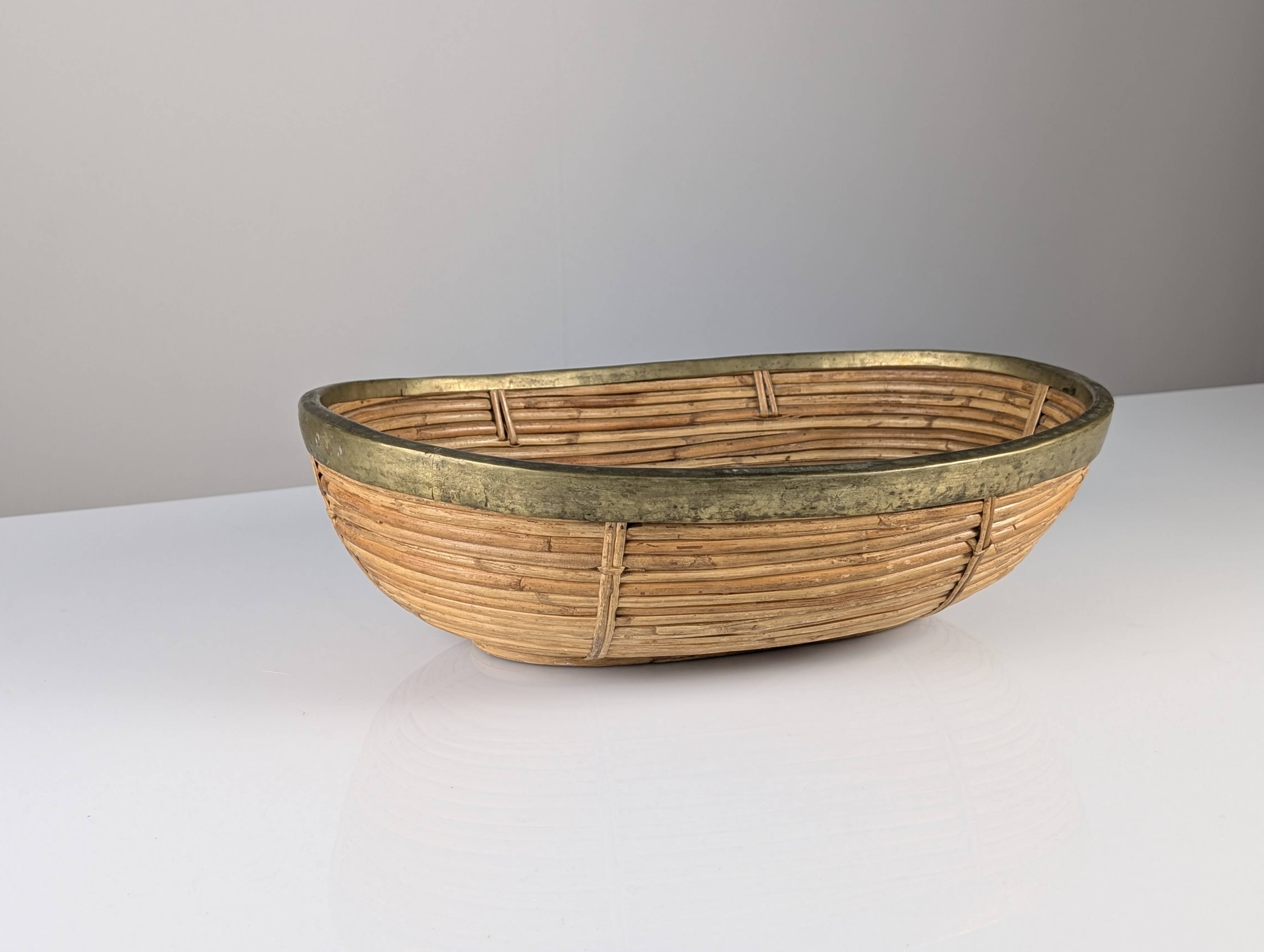 Italian oval rattan and brass centerpiece, mid-century style, 1970s