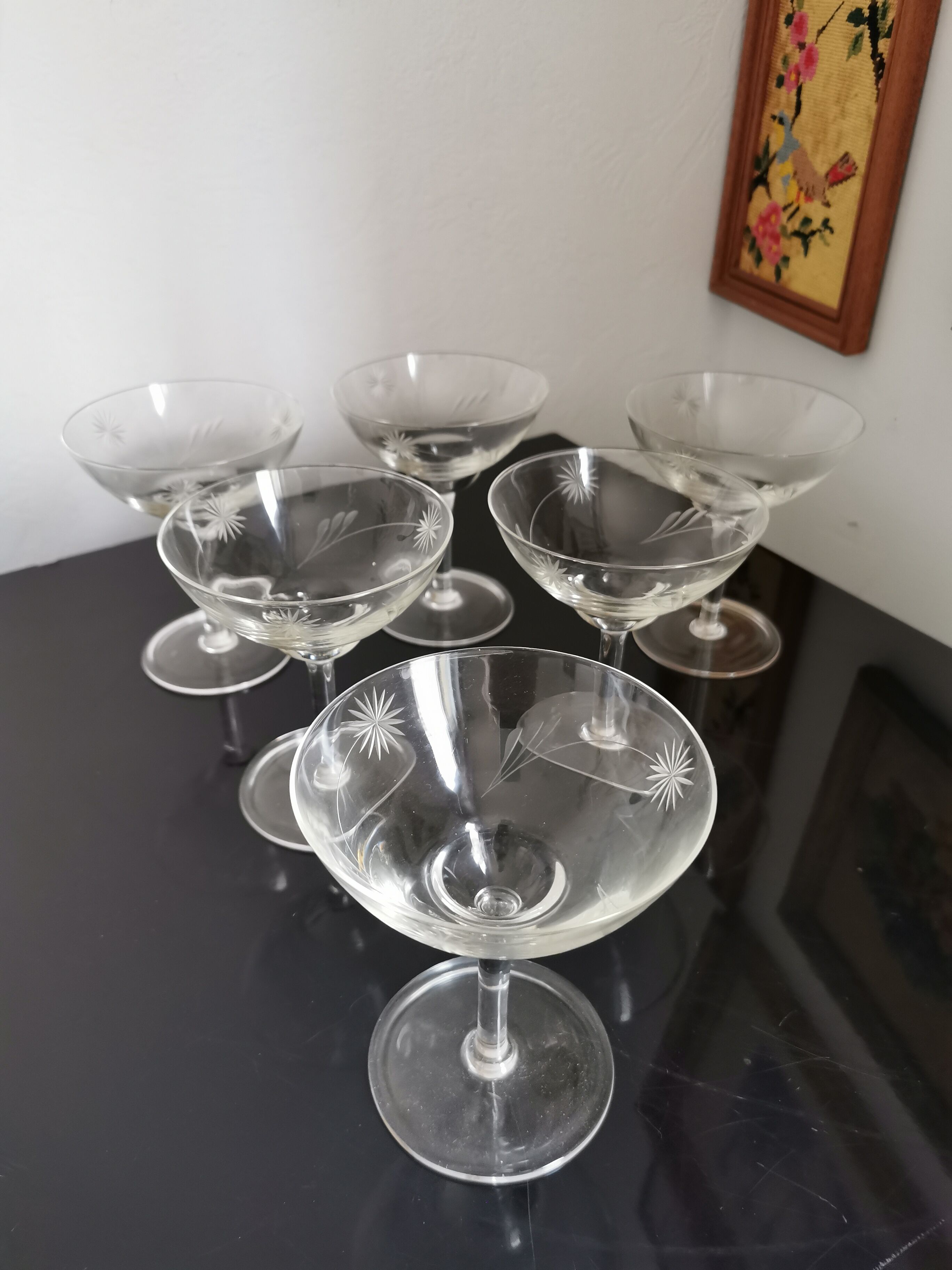 6 vintage crystal champagne glasses
