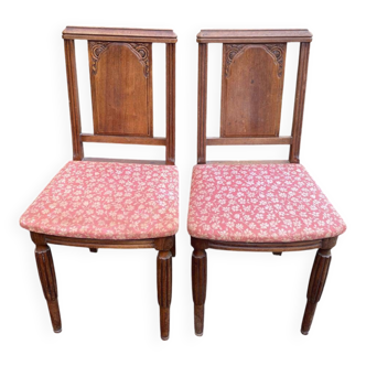 2 Art Deco carved chairs in solid wood and fabric, 1950s