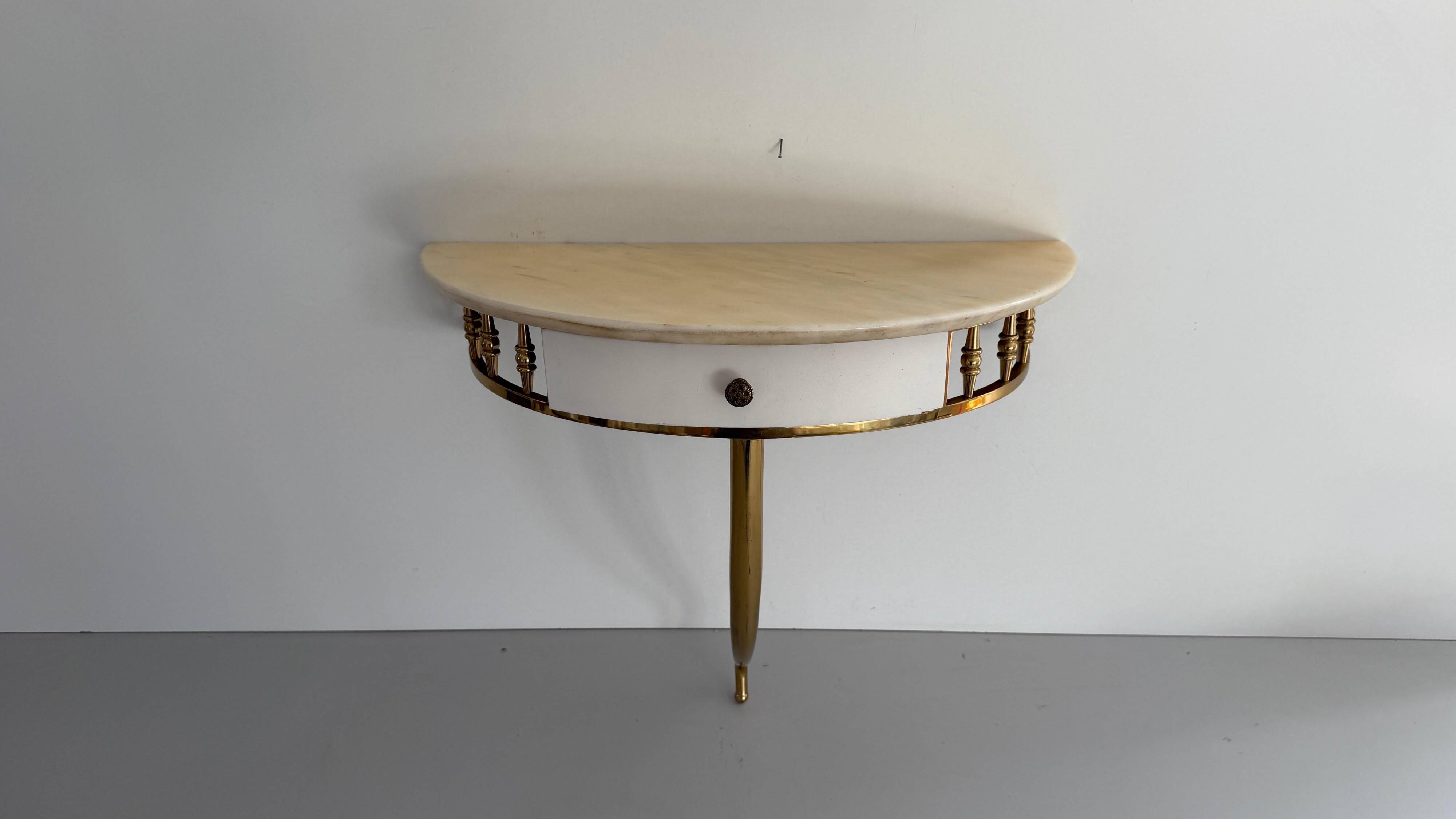 Floating wall console with drawer, brass body and marble top, 1960s, Italy