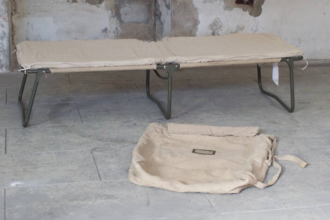 French army camp bed with mattress and bag / Garden 1960