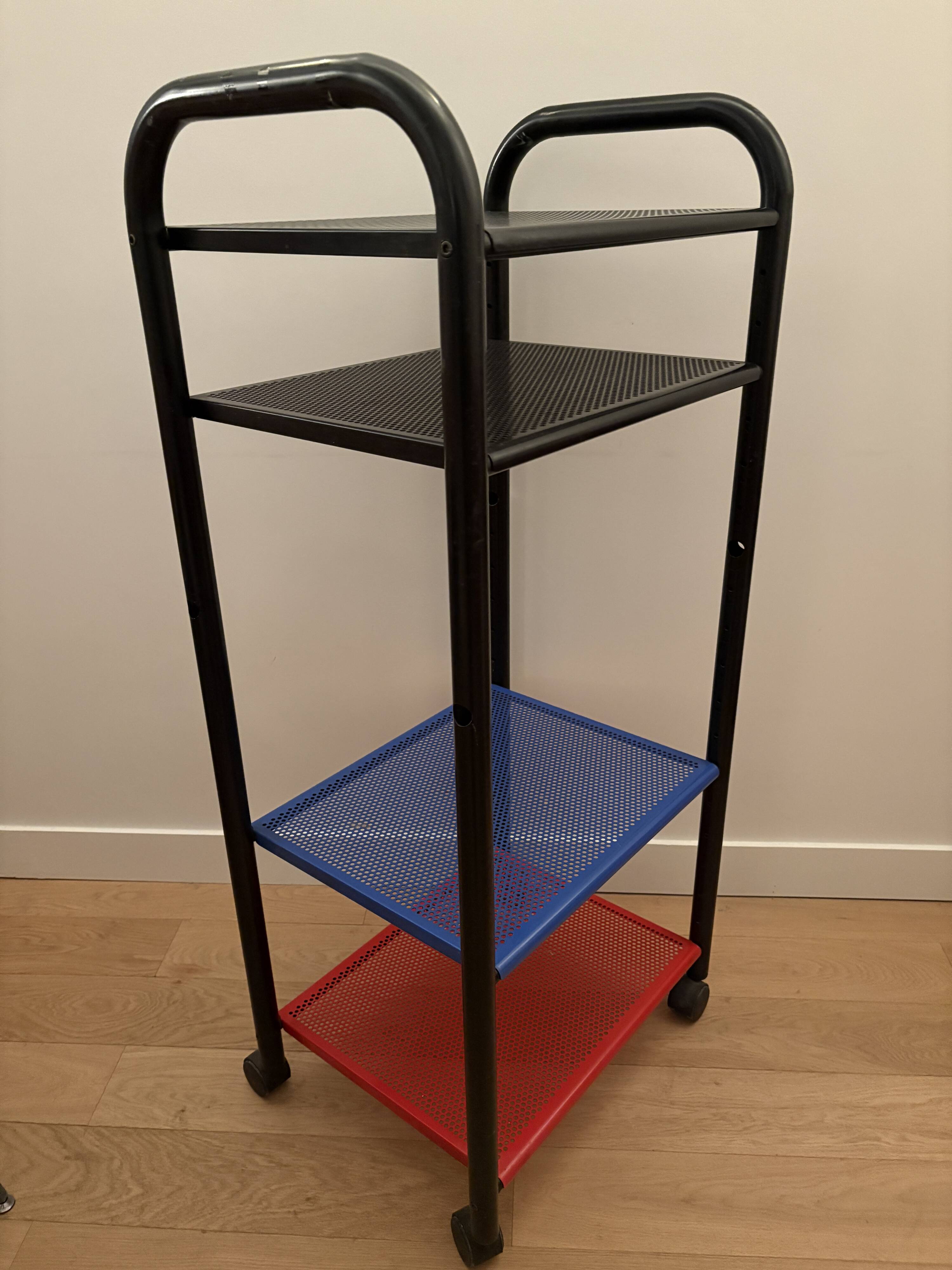 Vintage 4-tier perforated metal serving cart on wheels, 1980s style