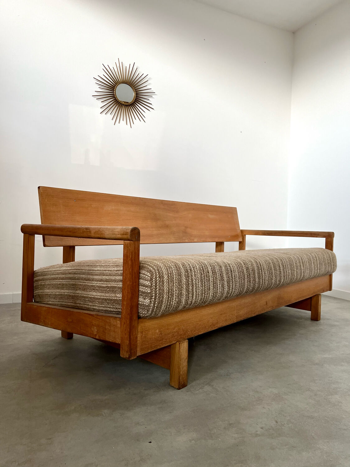 Old wooden sofa vintage brutalist design 60s
