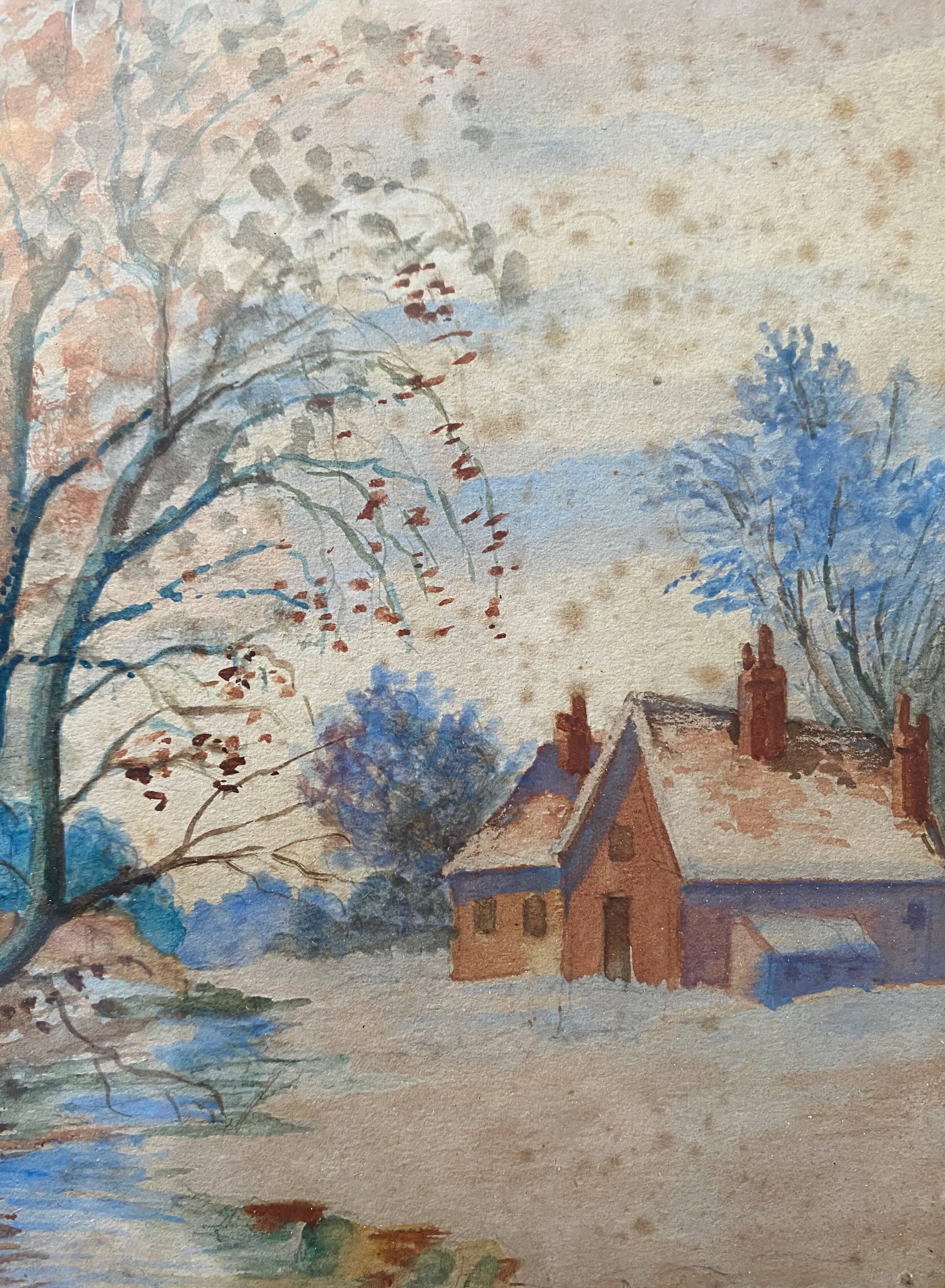 Old watercolor painting "House, winter landscape" + frame