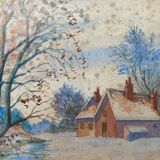 Old watercolor painting "House, winter landscape" + frame