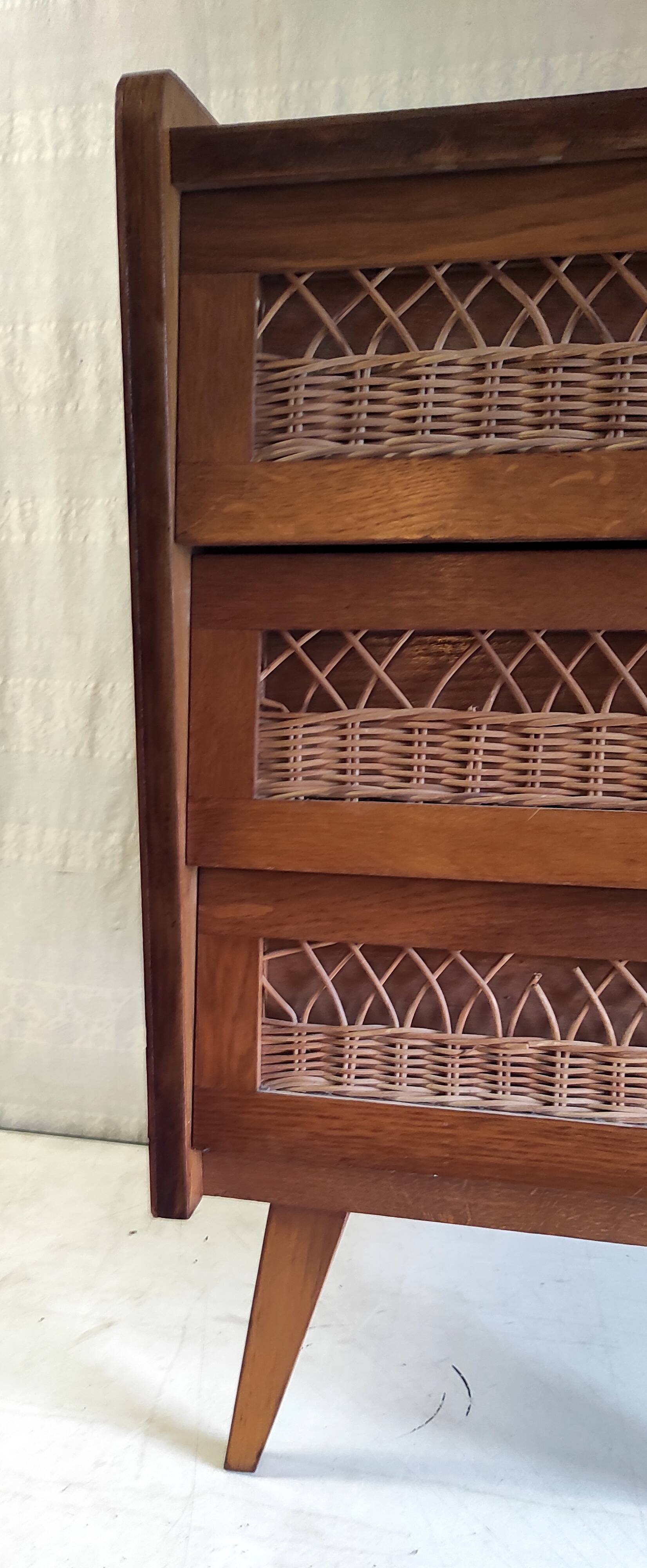 Vintage solid wood chest of drawers with rattan decor - 60s/70s