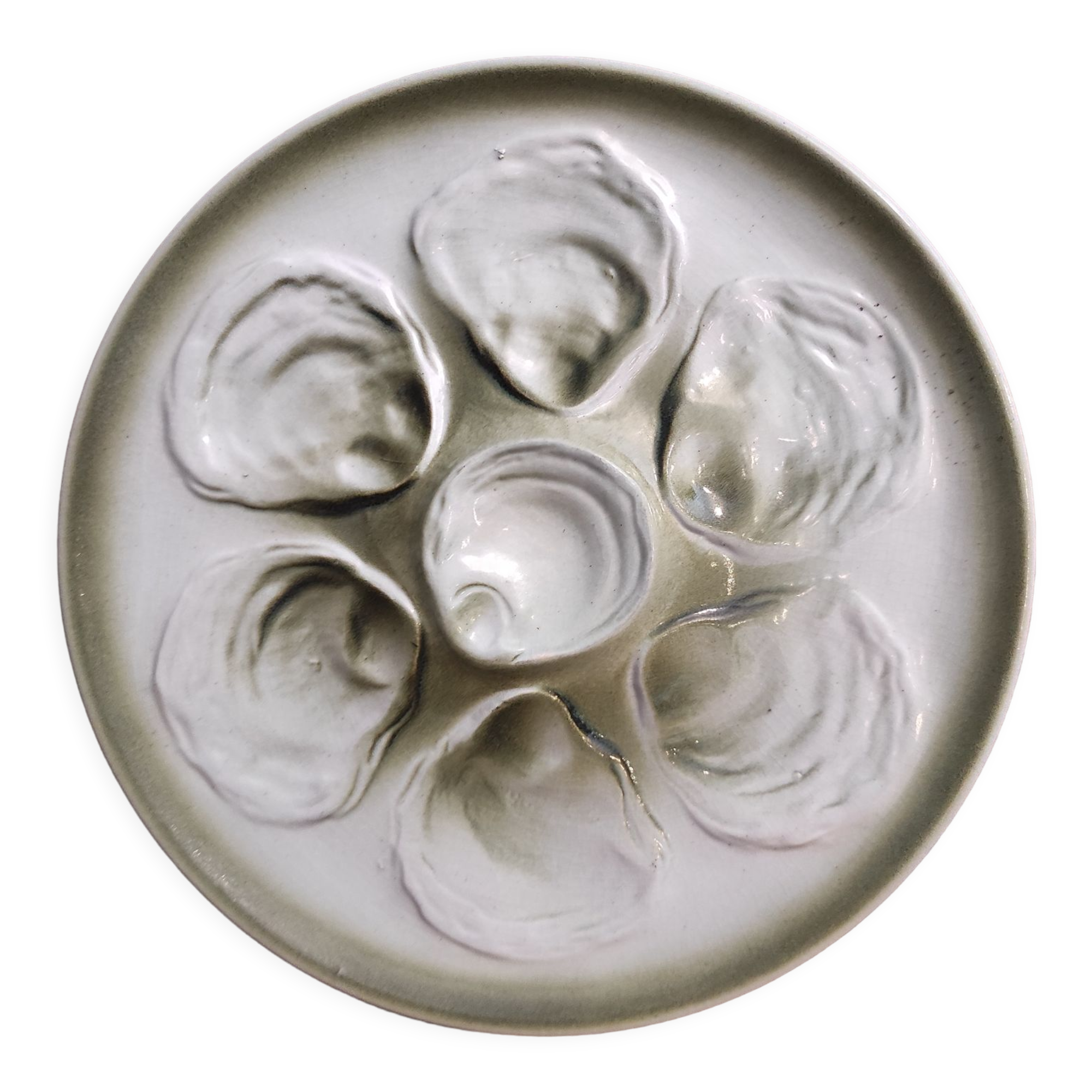 Vintage french oyster plate in white and green majolica