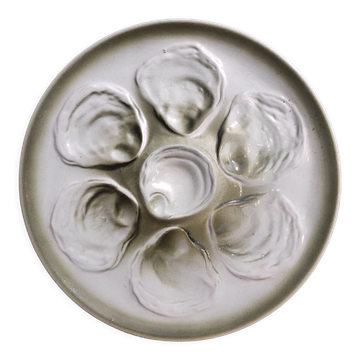 Vintage French oyster plate in white and green majolica.