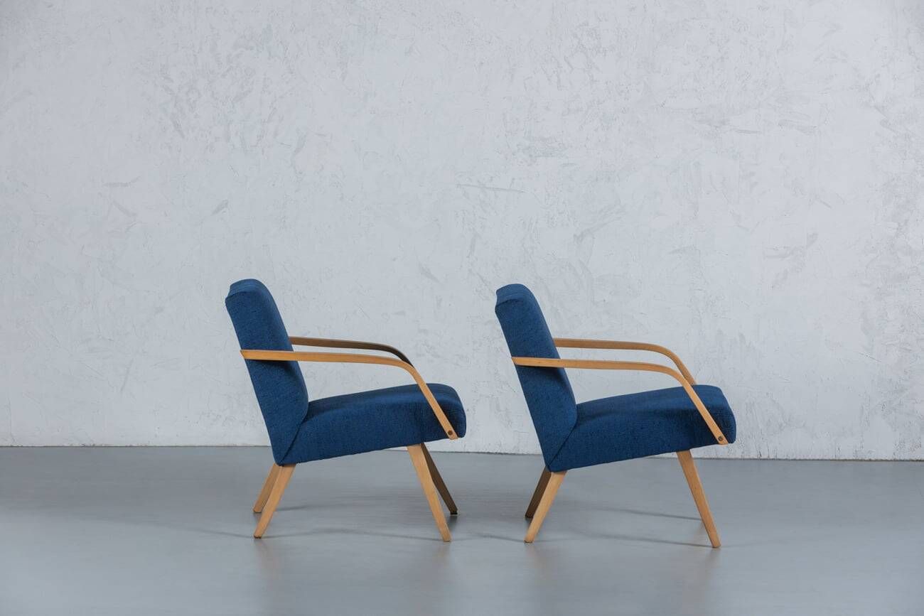 Vintage oak and blue fabric armchairs, Hungary, 1970s, set of 2