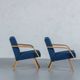 Vintage oak and blue fabric armchairs, Hungary, 1970s, set of 2