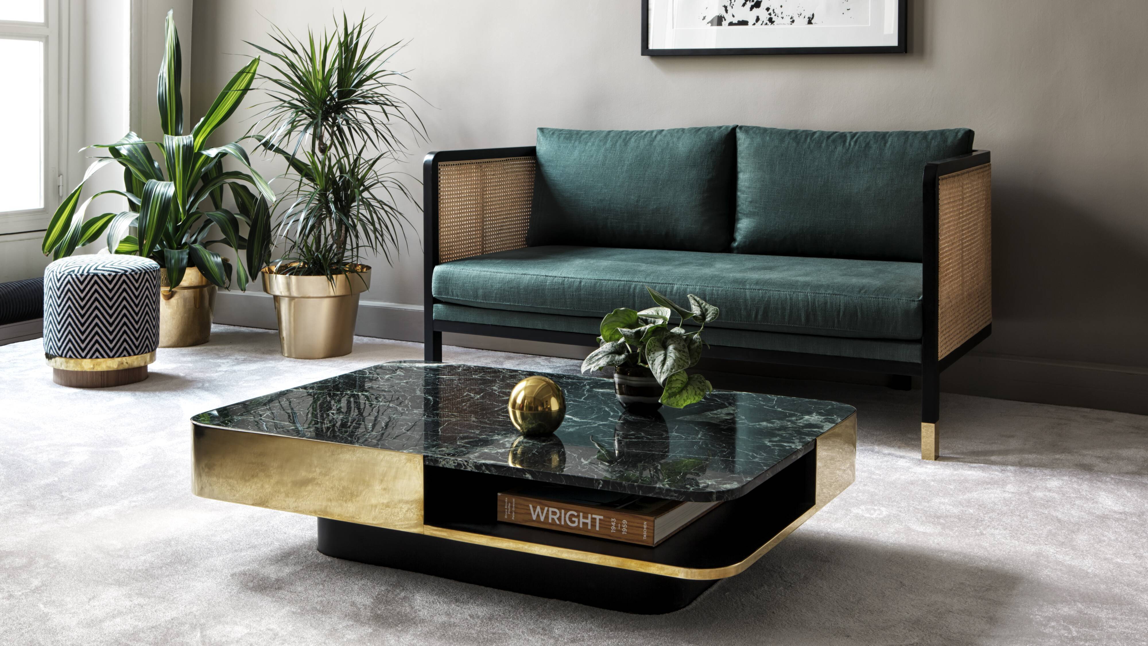 Coffee table lounge marble green brass wide