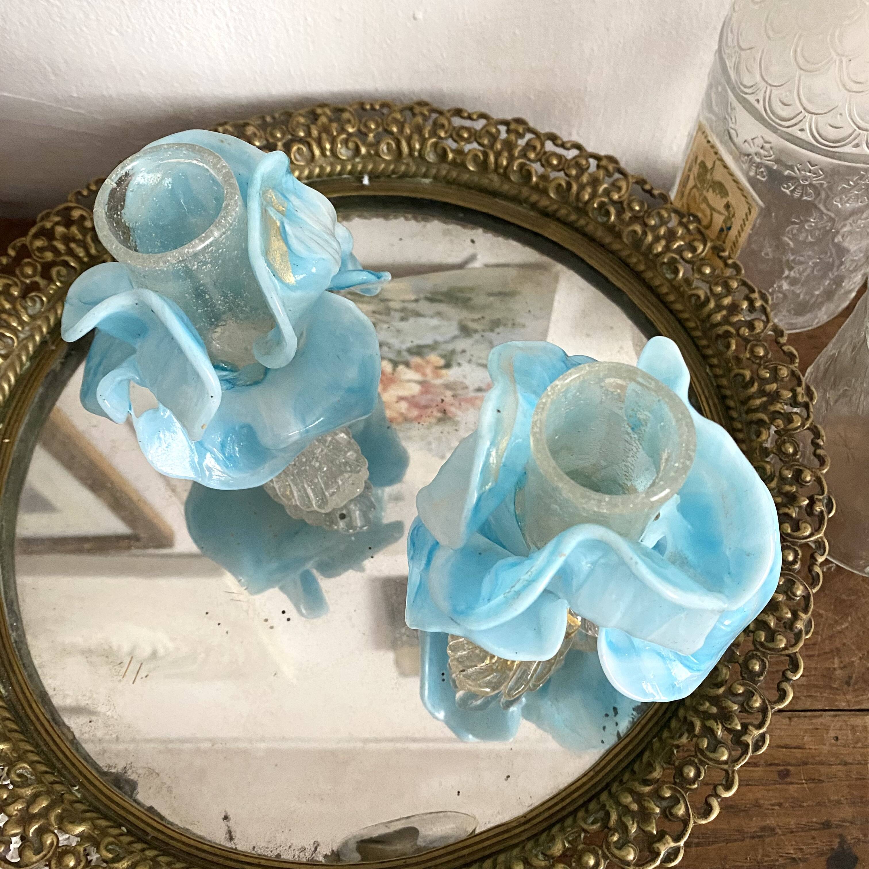 Pair of Murano glass candlesticks, iris flowers, 1960s