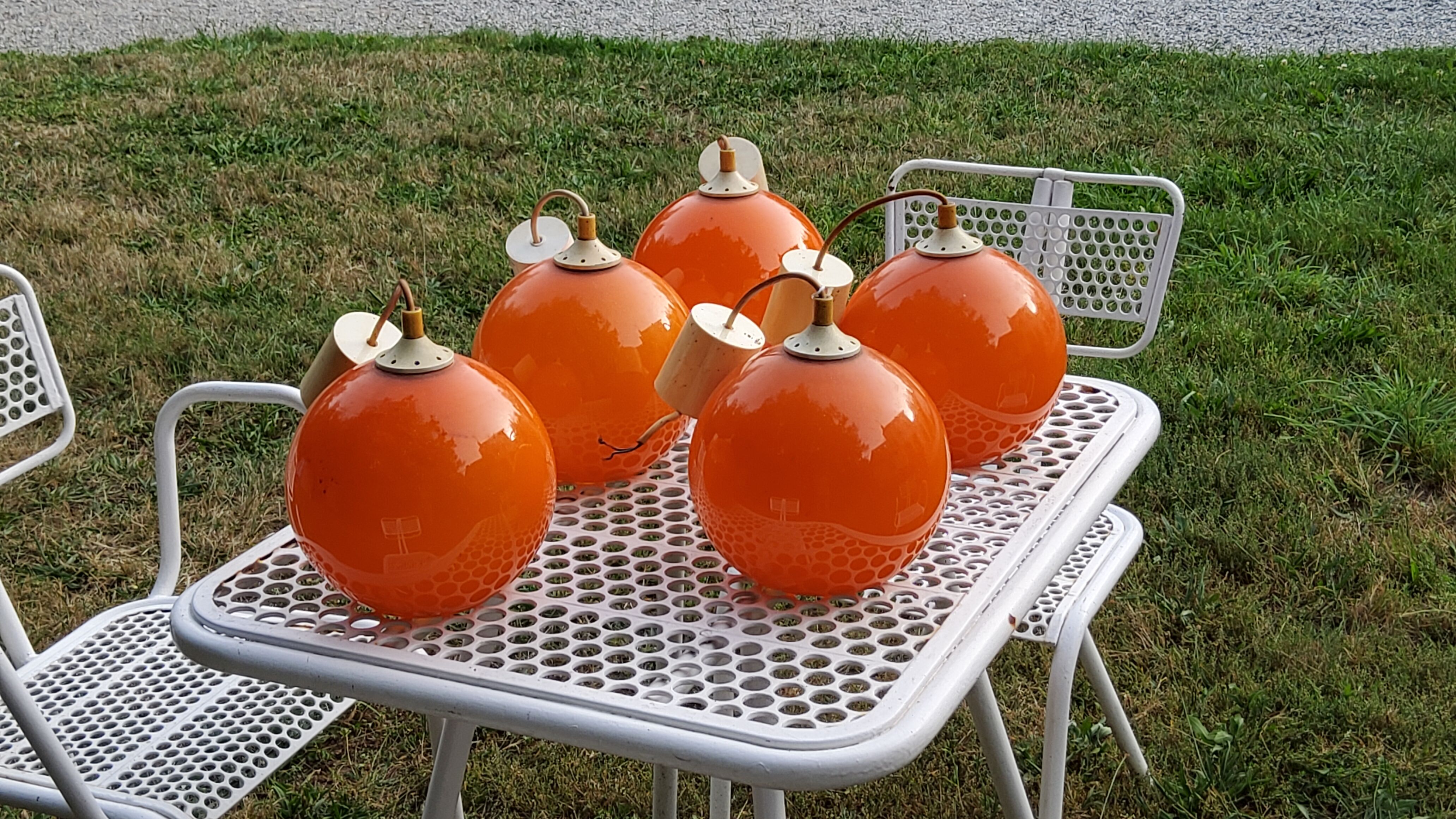 Set of 5 orange glass ball pendants from the 70s